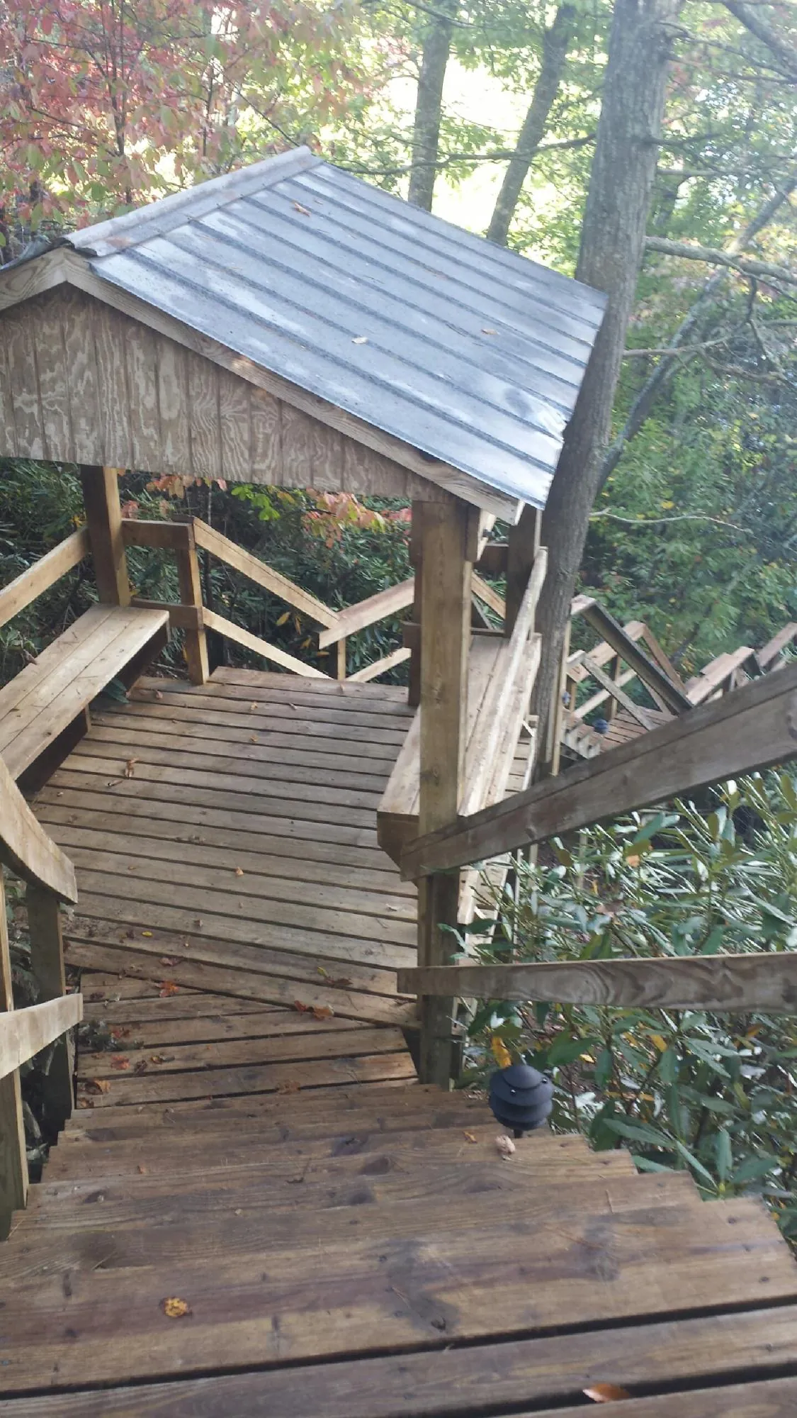 Metal roofed shelter over wooden steps on a wooded walkway — Skylight Repair & Installation work by our crew in Lavina